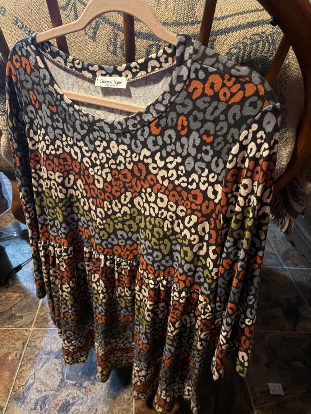 Multi-Color Leopard Print Peplum Tunic - Cream, Olive & Rust Cream N Sugar 2x